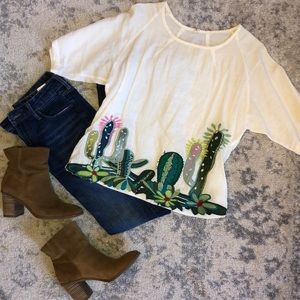 Embroidered Cactus Linen Blouse